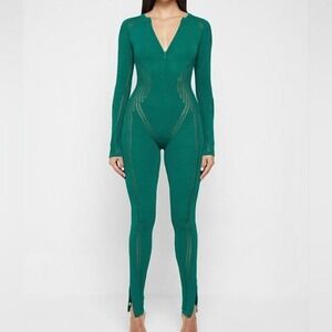 Maniere De Voir Emerald Green Pointelle Knit Zip Front Bodycon Jumpsuit Size M
